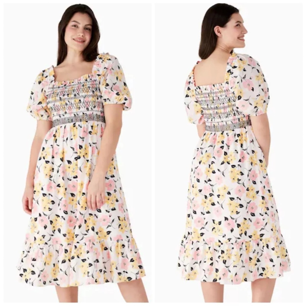 Smocked Midi Dress in Pink Floral